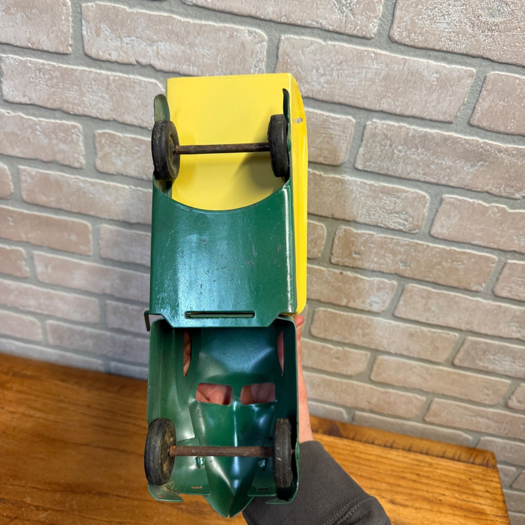 Vintage Buddy L 13" Dump Truck Pressed Steel Toy -- Repainted -- Green & Yellow
