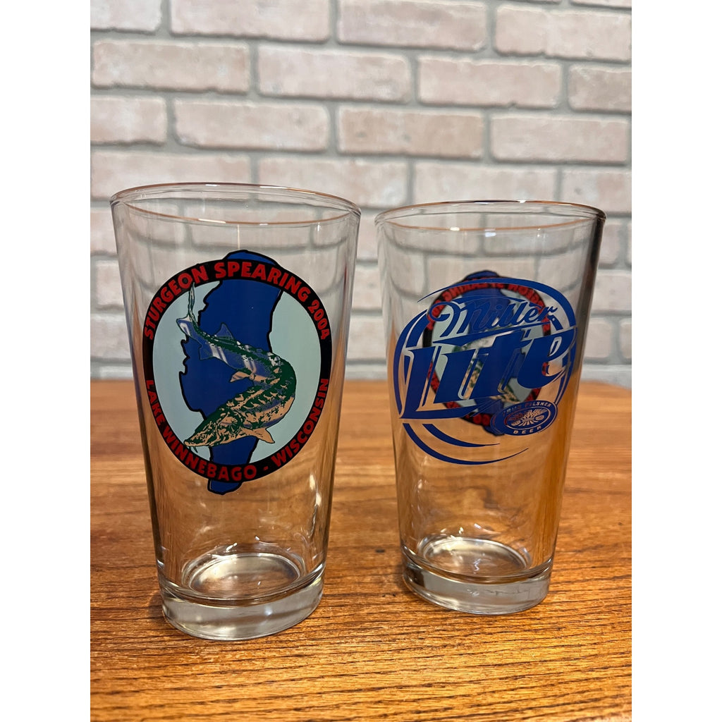 Miller Lite Beer Bar Glasses Lot (2) 2004 Lake Winnebago Sturgeon Hunt Spearing Fishing