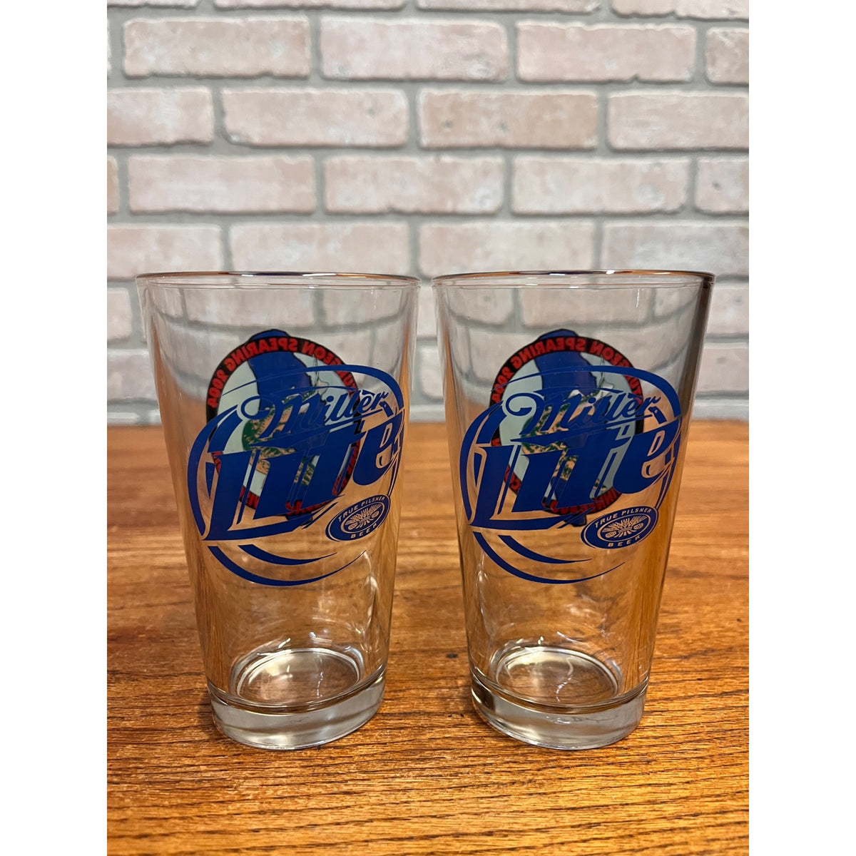 Miller Lite Beer Bar Glasses Lot (2) 2004 Lake Winnebago Sturgeon Hunt Spearing Fishing