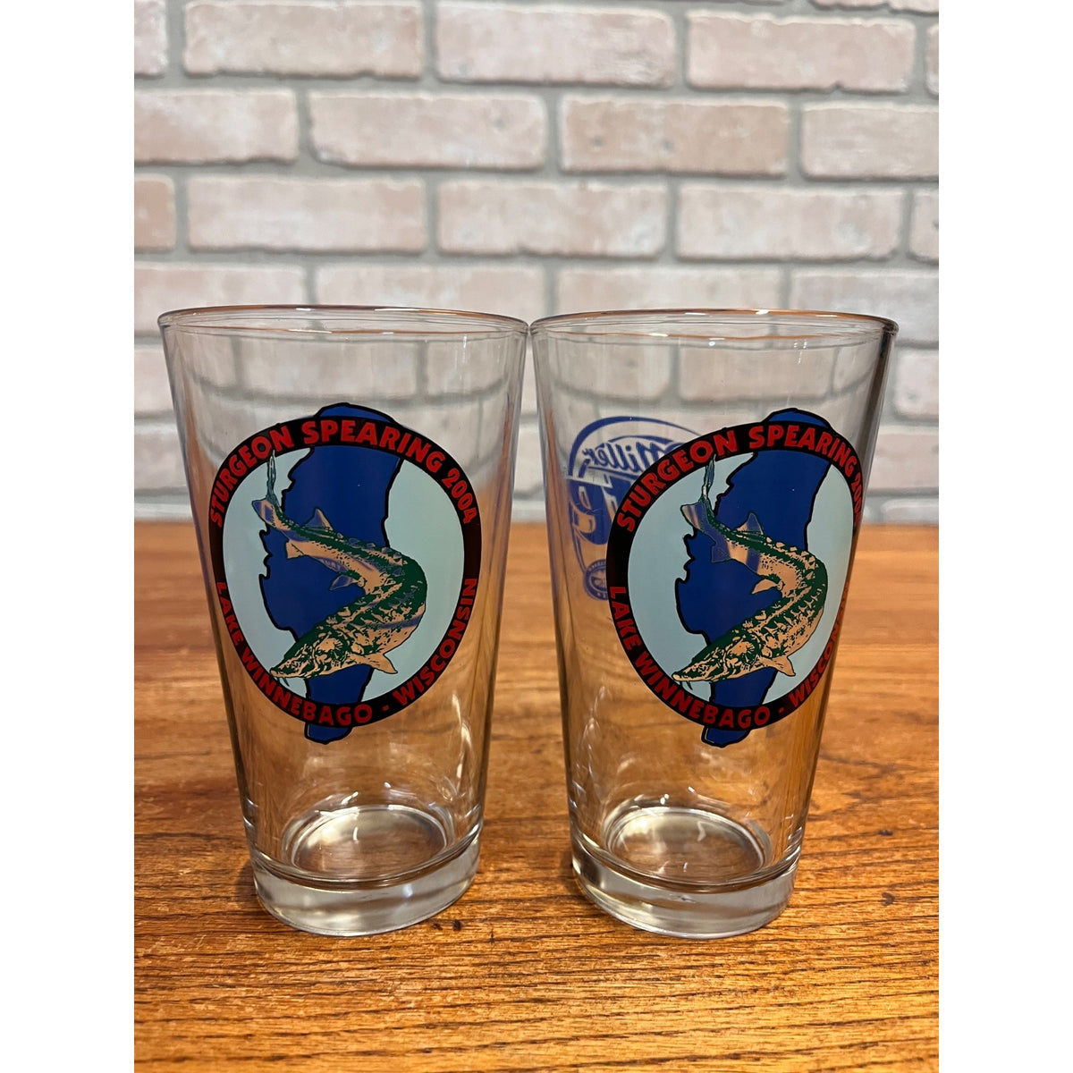 Miller Lite Beer Bar Glasses Lot (2) 2004 Lake Winnebago Sturgeon Hunt Spearing Fishing