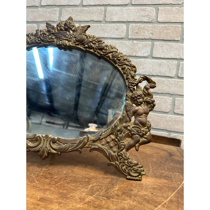 Antique Vintage Cast Iron Victorian Dresser Vanity Mirror w/ Easel Back Cherubs