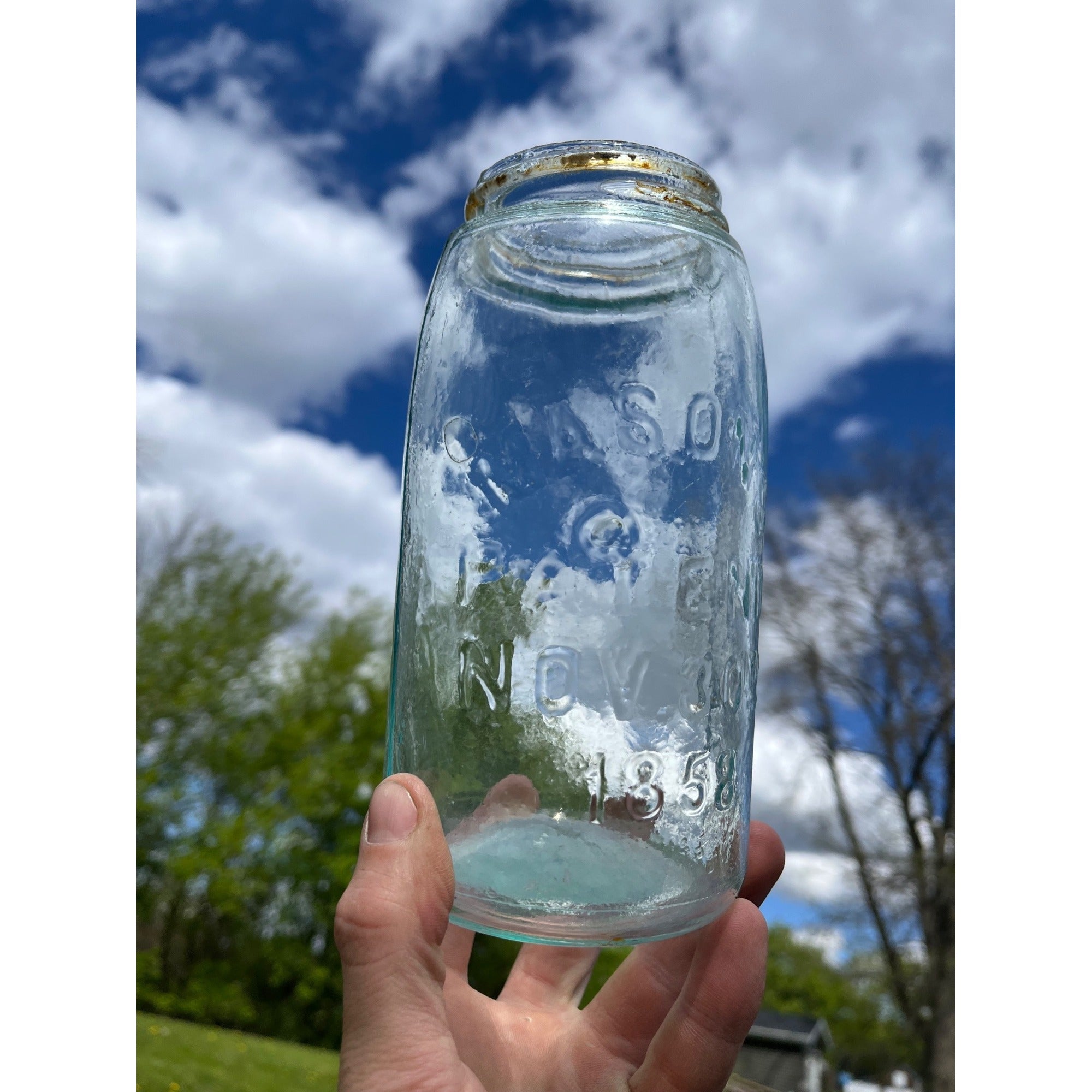 Antique 1858 Mason's Patent Quart Jar Crude Dimpled "V" Jar 1800s Blue Aqua