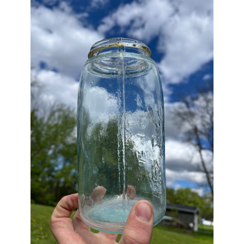Antique 1858 Mason's Patent Quart Jar Crude Dimpled "V" Jar 1800s Blue Aqua