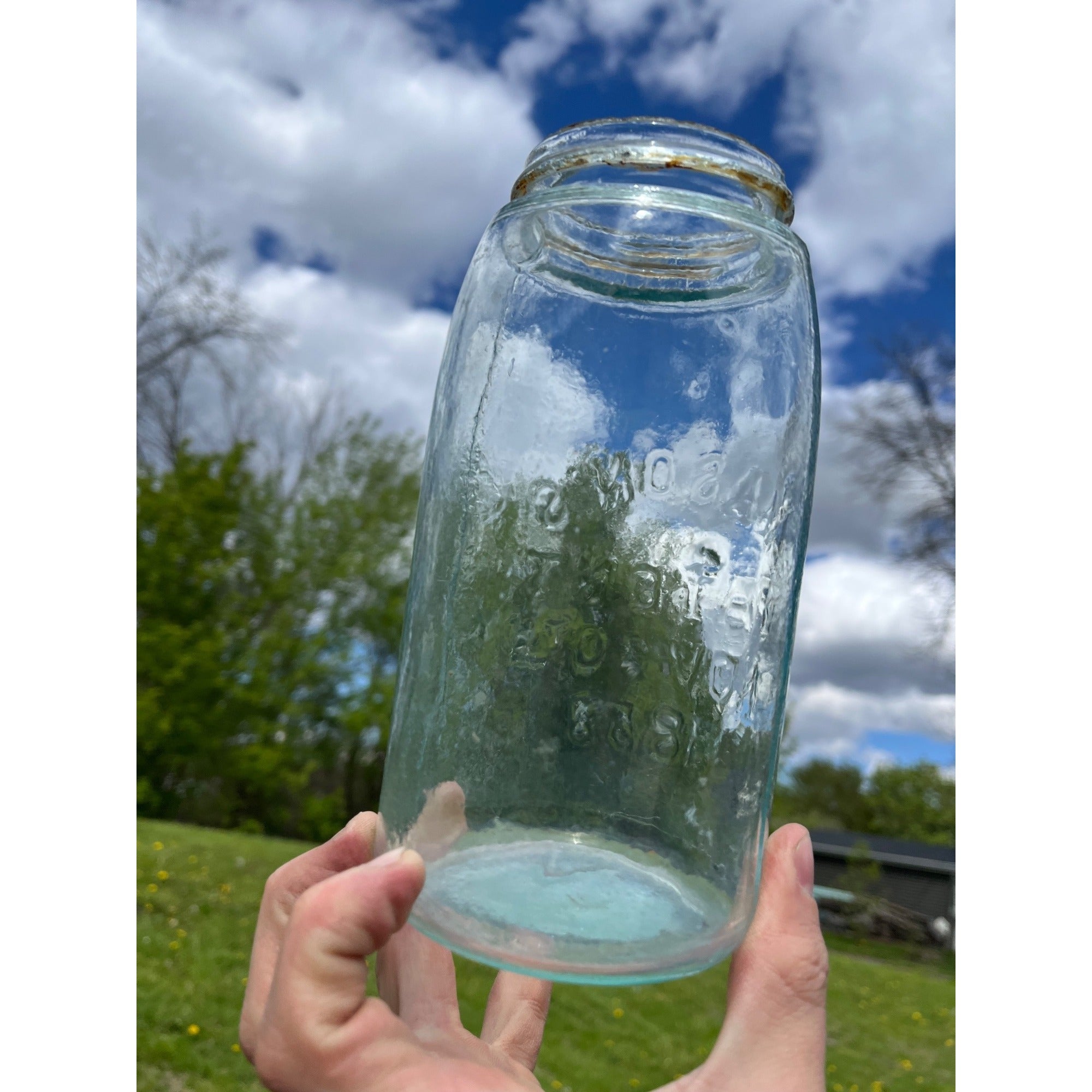 Antique 1858 Mason's Patent Quart Jar Crude Dimpled "V" Jar 1800s Blue Aqua