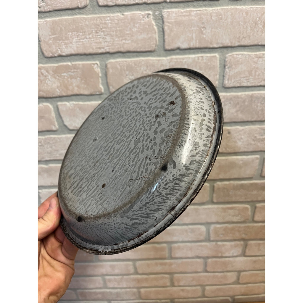 Antique Primitive Grey Spatter/Swirl Enamel Graniteware Round Pie Pan/ Baking Dish/ Farmhouse Decor, Gray