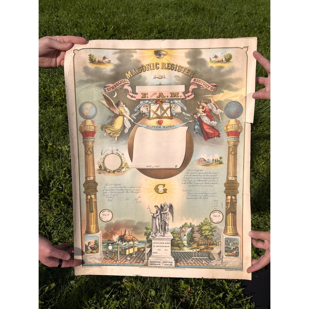 Original 1876 Strobridge Masonic Register Master Free Mason Chromolithograph
