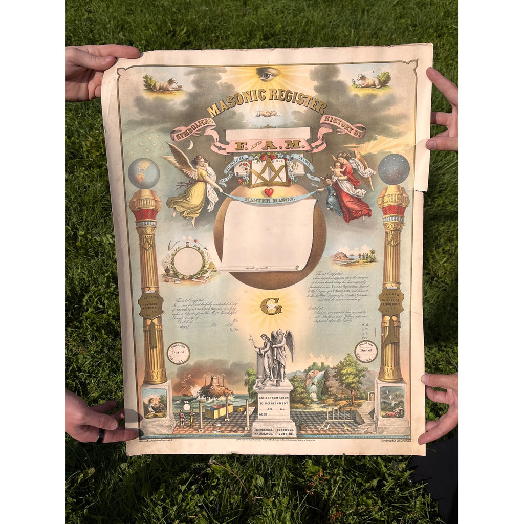 Original 1876 Strobridge Masonic Register Master Free Mason Chromolithograph