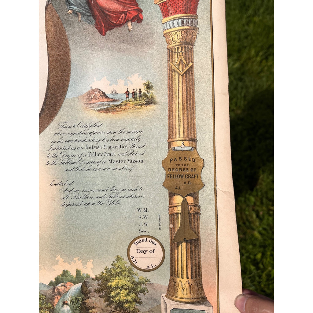 Original 1876 Strobridge Masonic Register Master Free Mason Chromolithograph