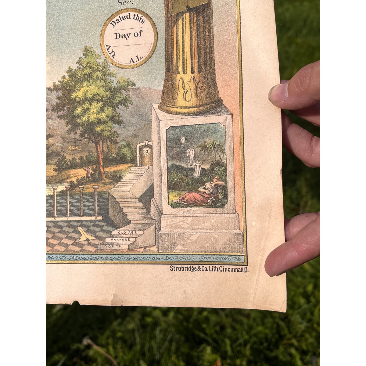 Original 1876 Strobridge Masonic Register Master Free Mason Chromolithograph