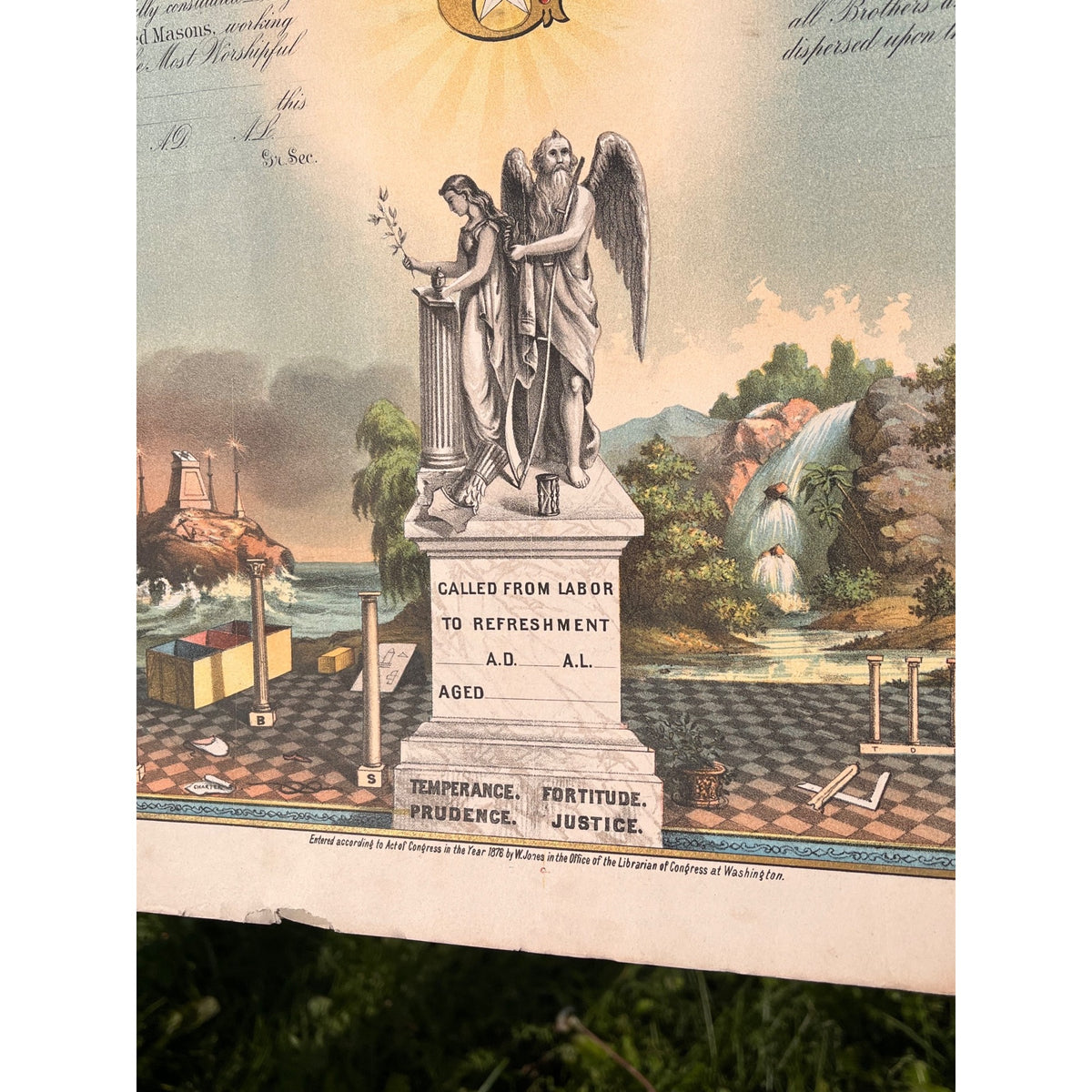 Original 1876 Strobridge Masonic Register Master Free Mason Chromolithograph