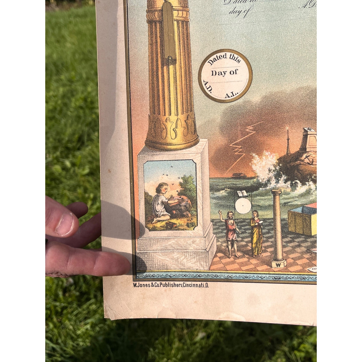 Original 1876 Strobridge Masonic Register Master Free Mason Chromolithograph