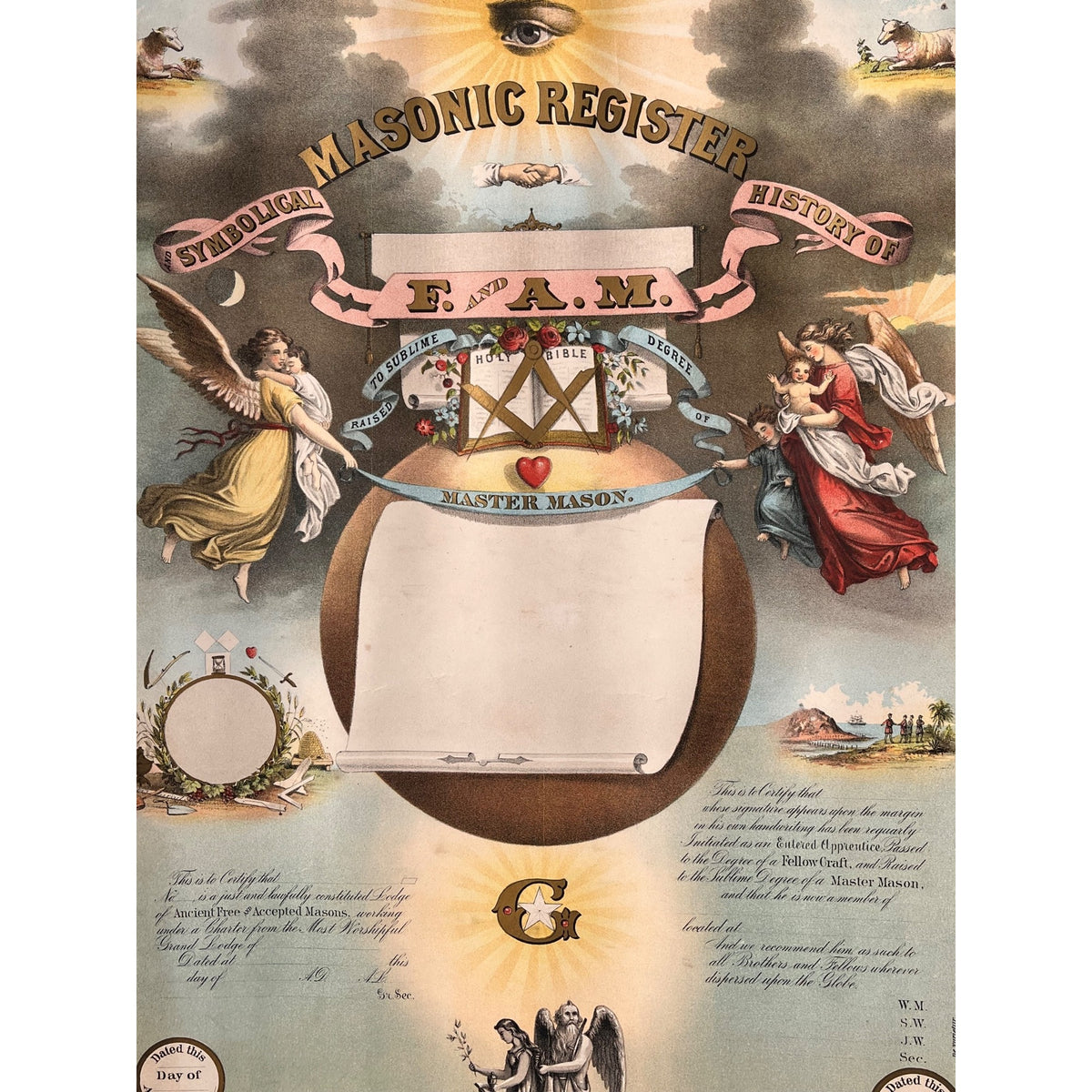 Original 1876 Strobridge Masonic Register Master Free Mason Chromolithograph