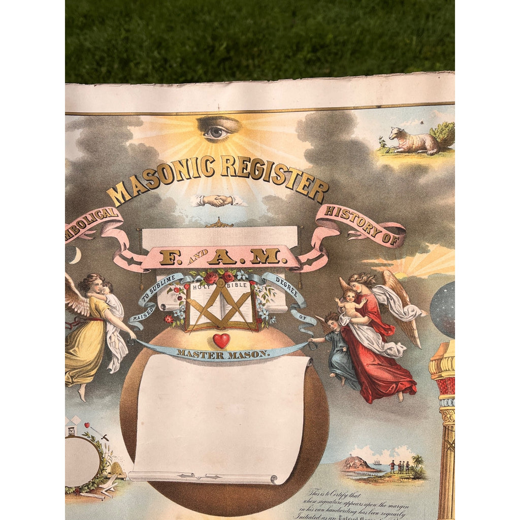 Original 1876 Strobridge Masonic Register Master Free Mason Chromolithograph