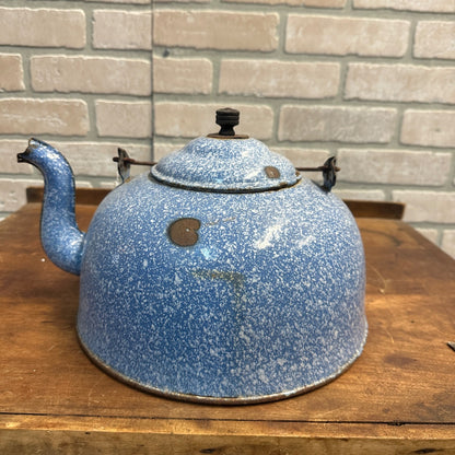 Antique Primitive Blue White Graniteware Enamelware Tea Kettle Pot Vintage Farmhouse