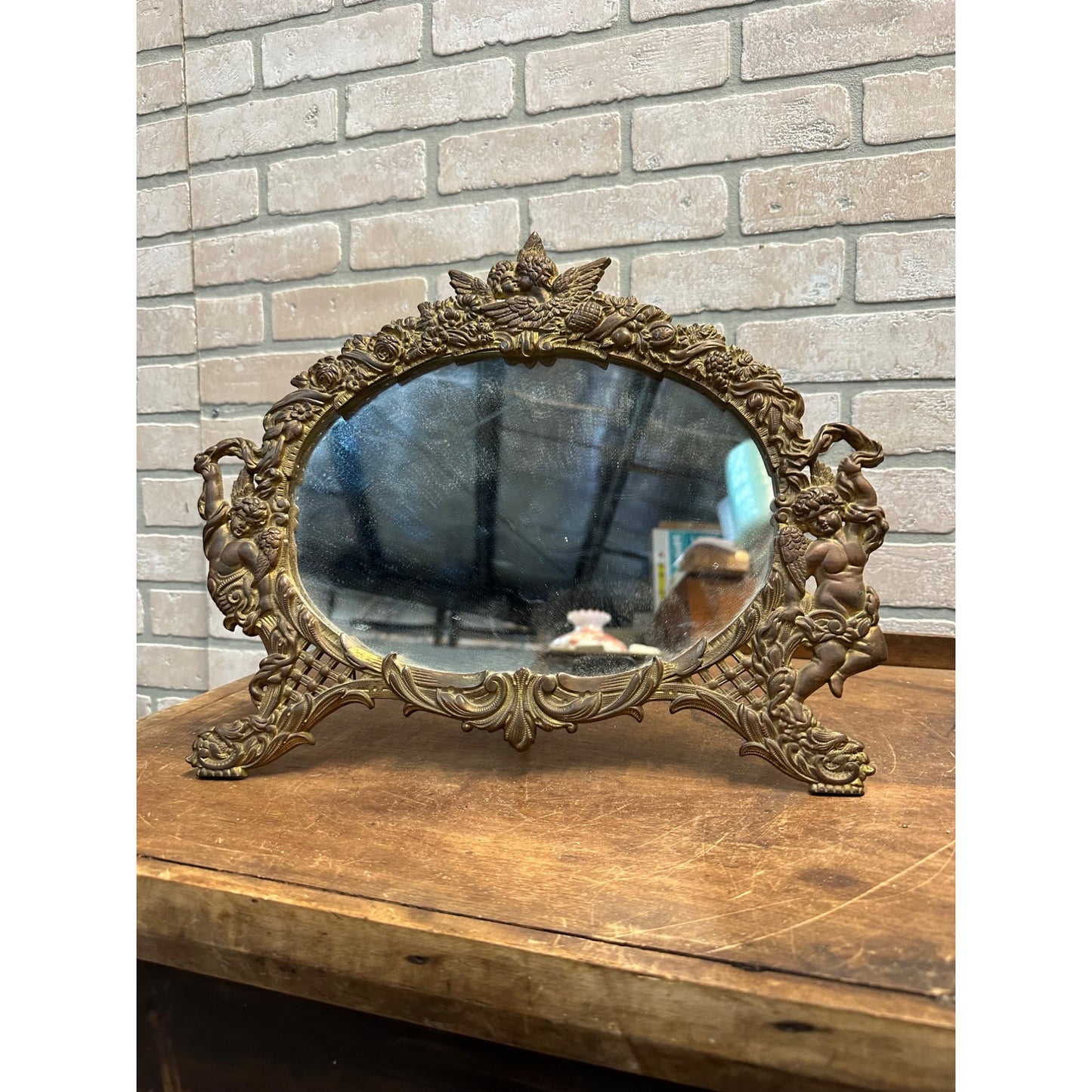 Antique Vintage Cast Iron Victorian Dresser Vanity Mirror w/ Easel Back Cherubs