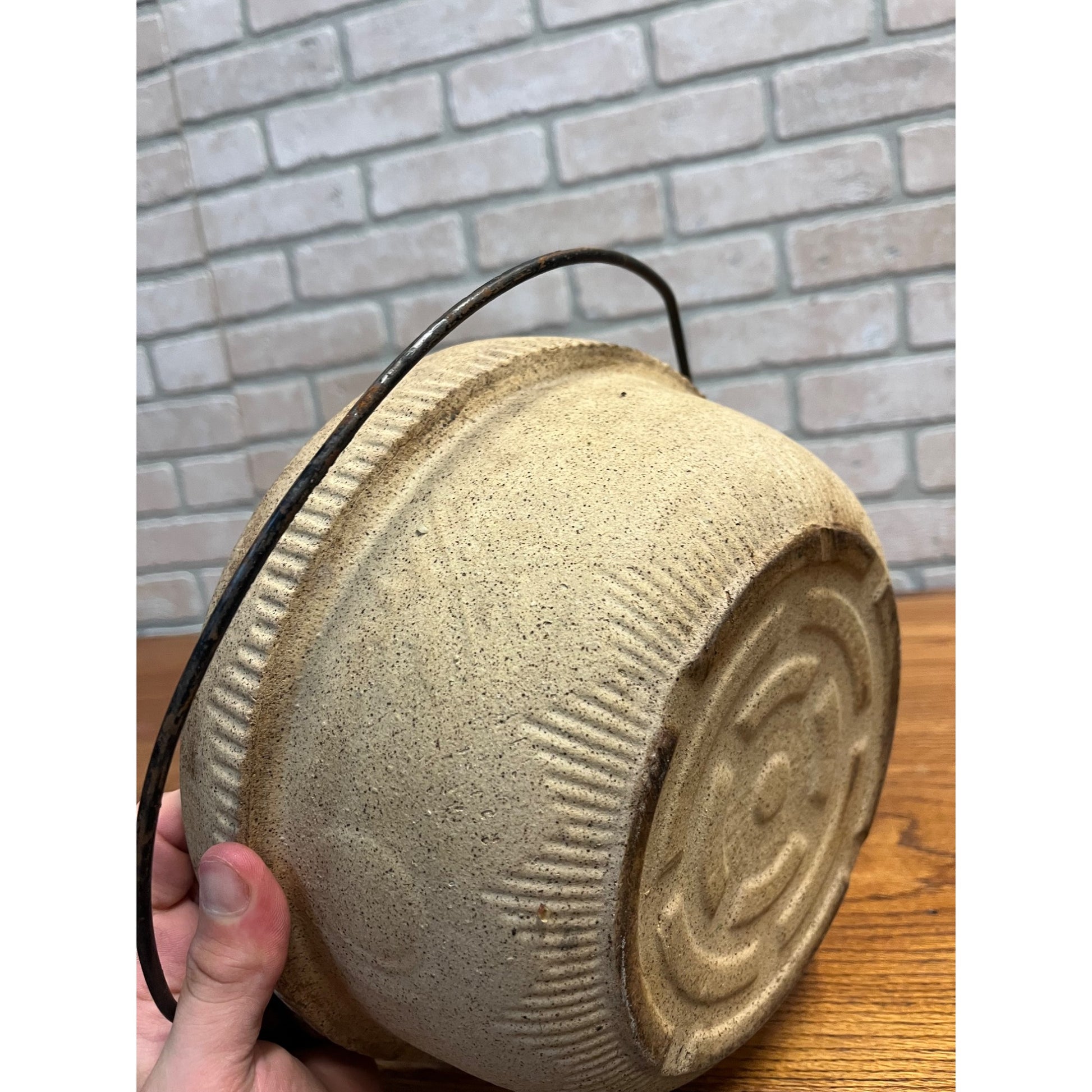 Antique Cook Rite Stoneware Crock Bowl Pot Wire Handle Primitive Farmhouse