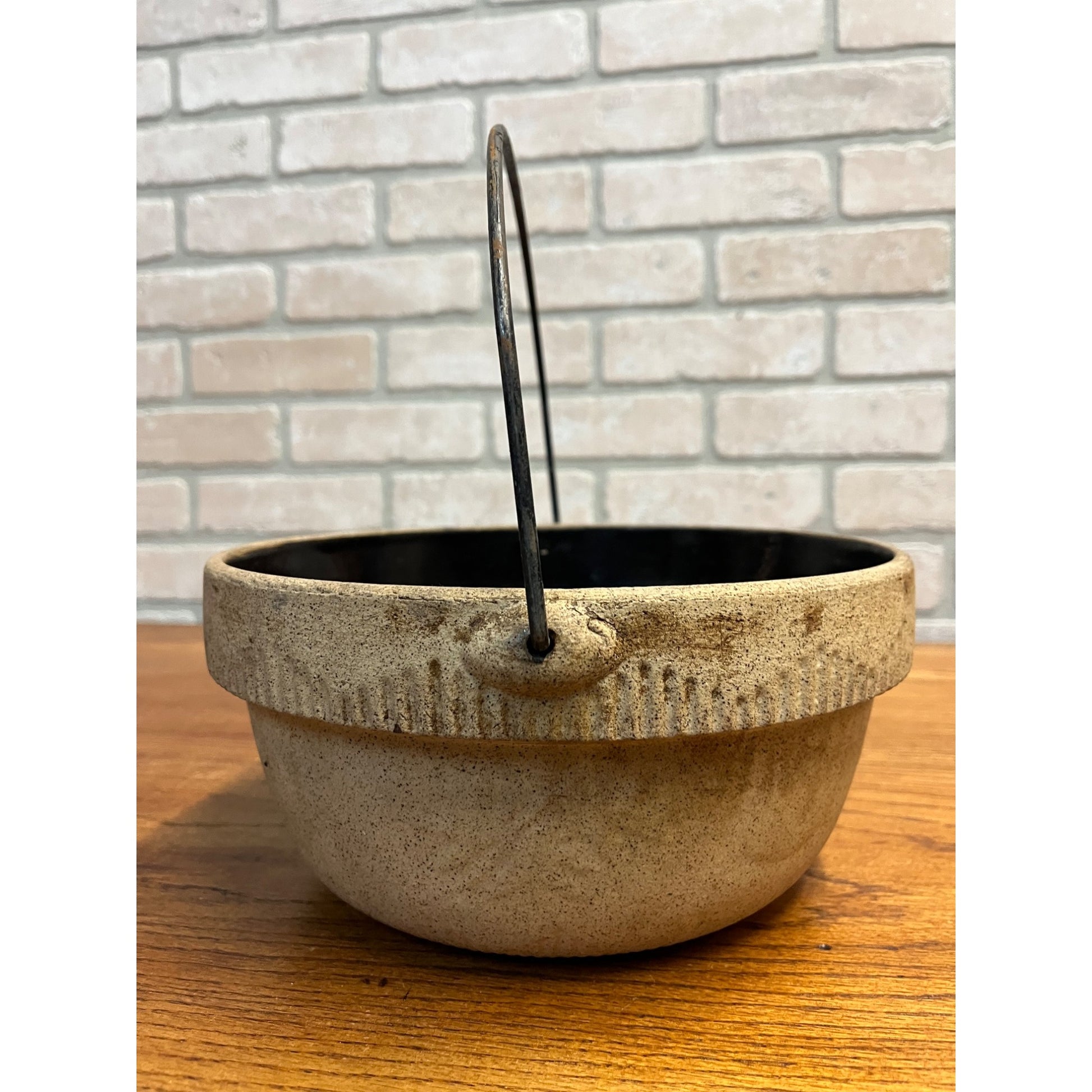 Antique Cook Rite Stoneware Crock Bowl Pot Wire Handle Primitive Farmhouse