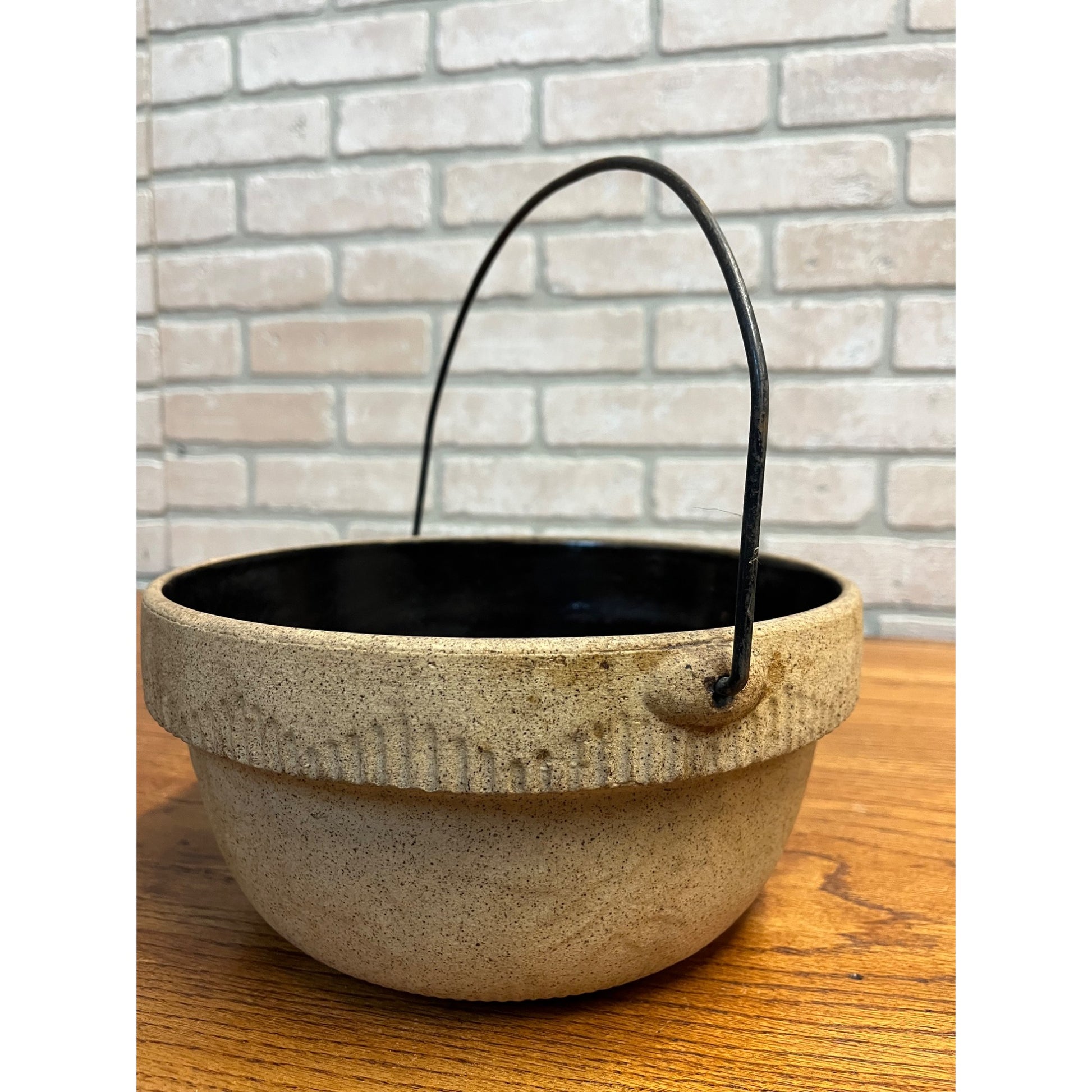 Antique Cook Rite Stoneware Crock Bowl Pot Wire Handle Primitive Farmhouse