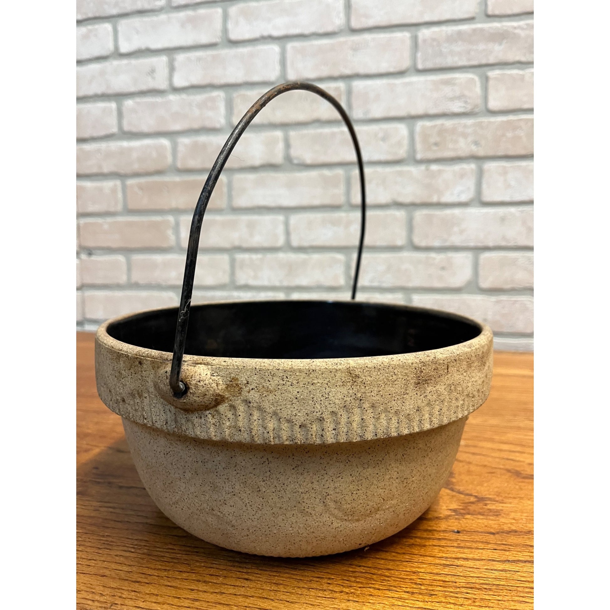 Antique Cook Rite Stoneware Crock Bowl Pot Wire Handle Primitive Farmhouse
