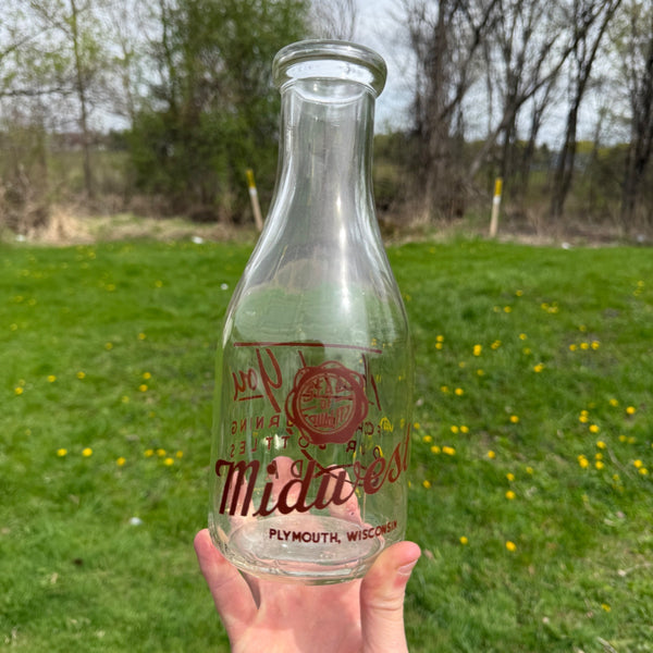 Vintage Midwest Dairy Brown Pyro Quart Milk Bottle PLYMOUTH, Wisconsin WI