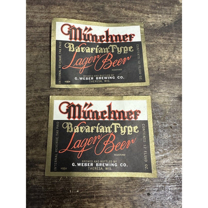 Vintage 1940s G. Weber Brewing Co. Theresa Wis Munchner Lager IRTP Bottle Labels