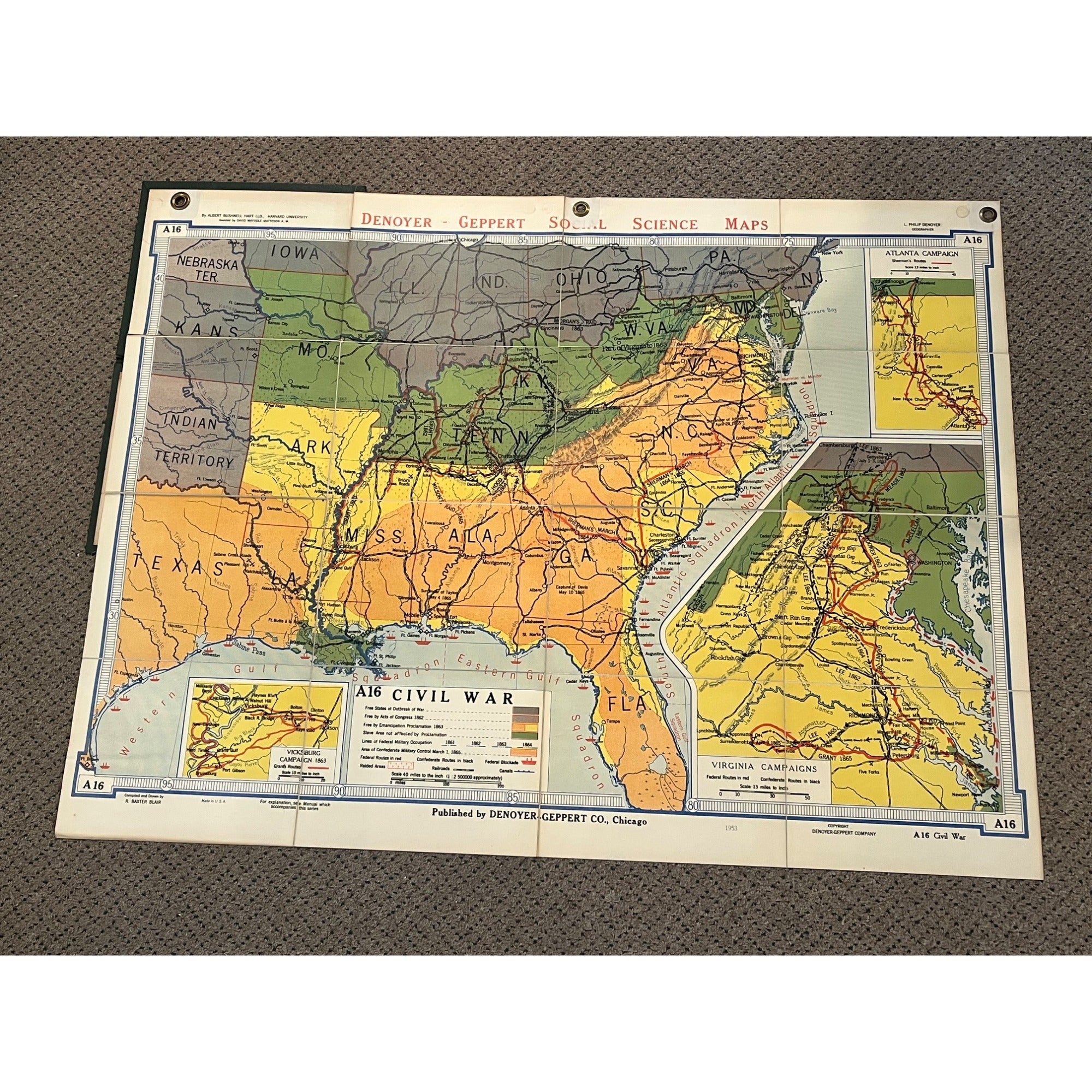 Denoyer Geppert Social Science Maps A16 The Civil War Virginia Vicksburg Fold-Out