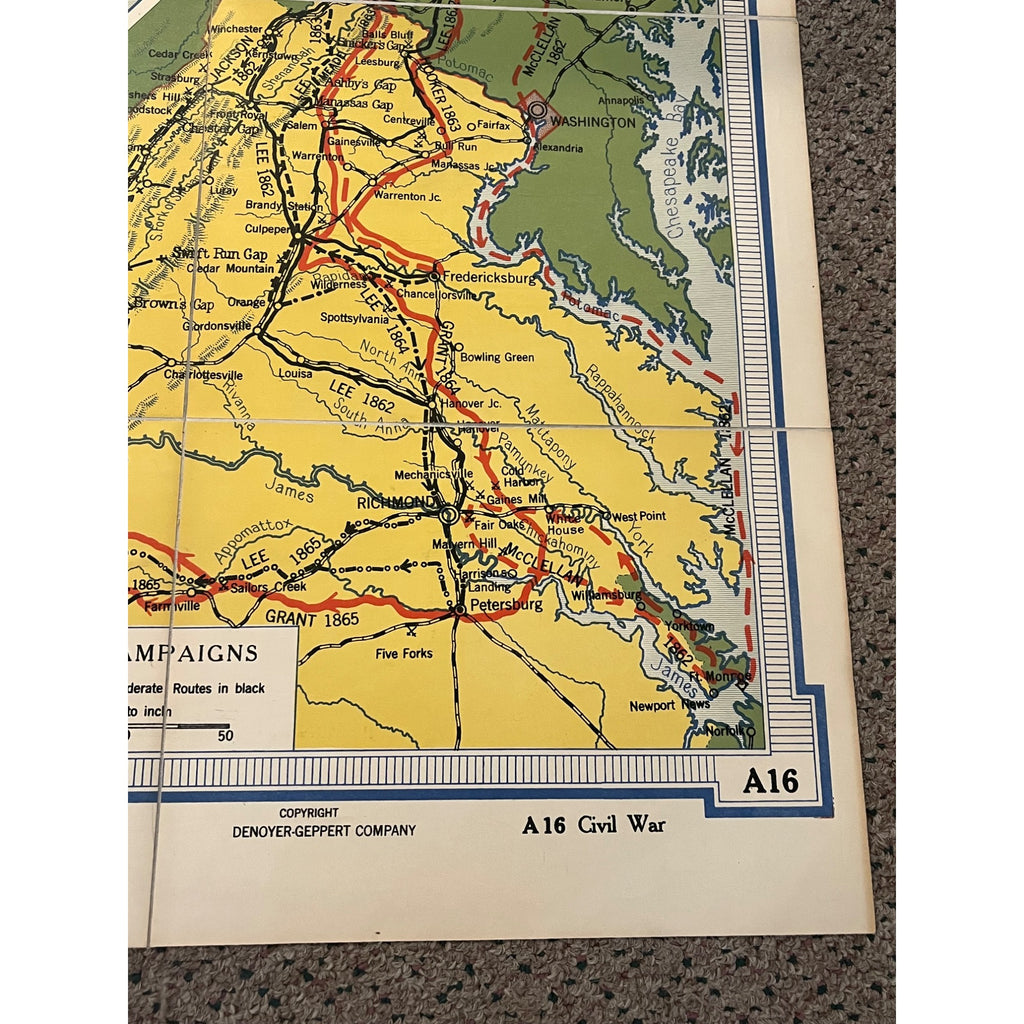 Denoyer Geppert Social Science Maps A16 The Civil War Virginia Vicksburg Fold-Out