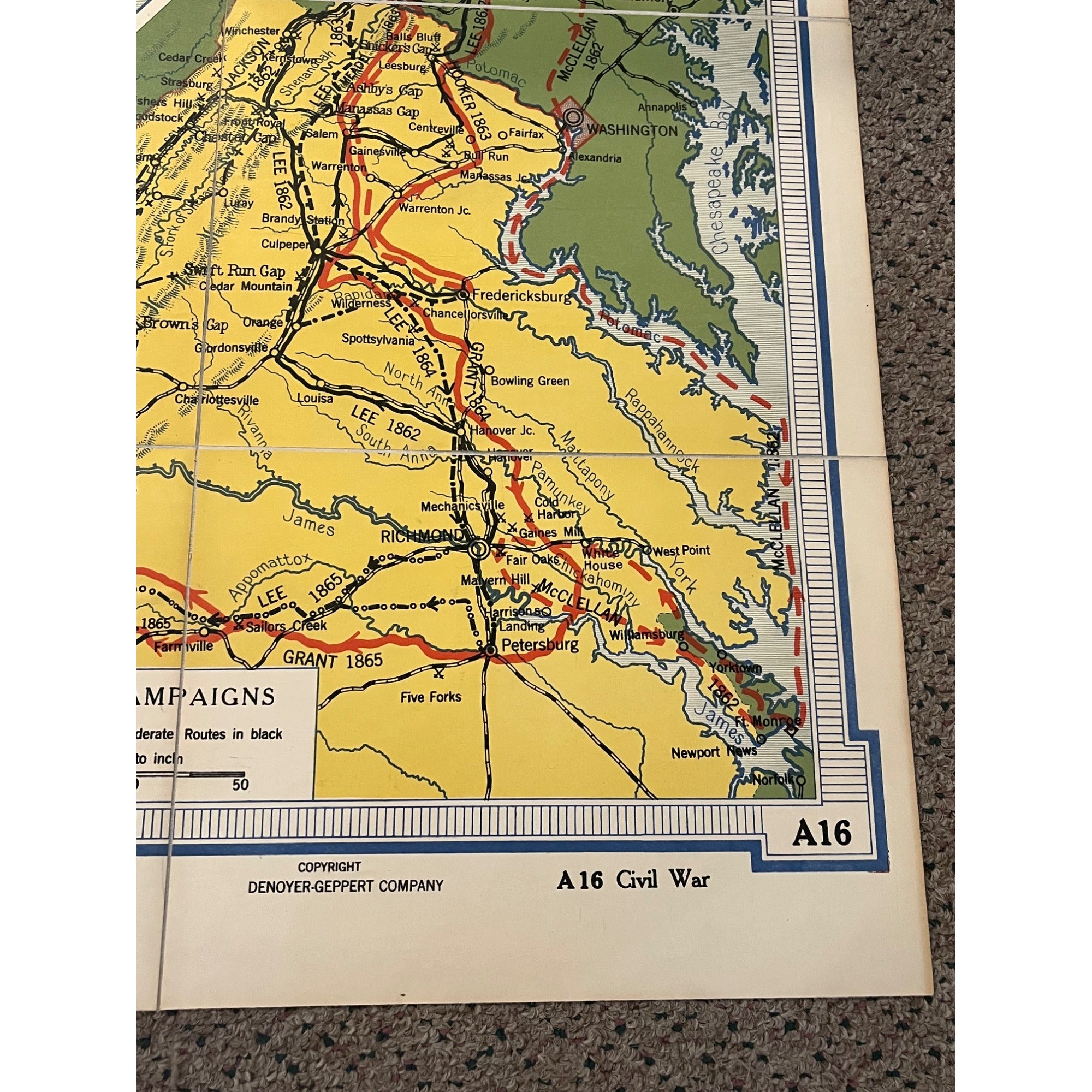 Denoyer Geppert Social Science Maps A16 The Civil War Virginia Vicksburg Fold-Out