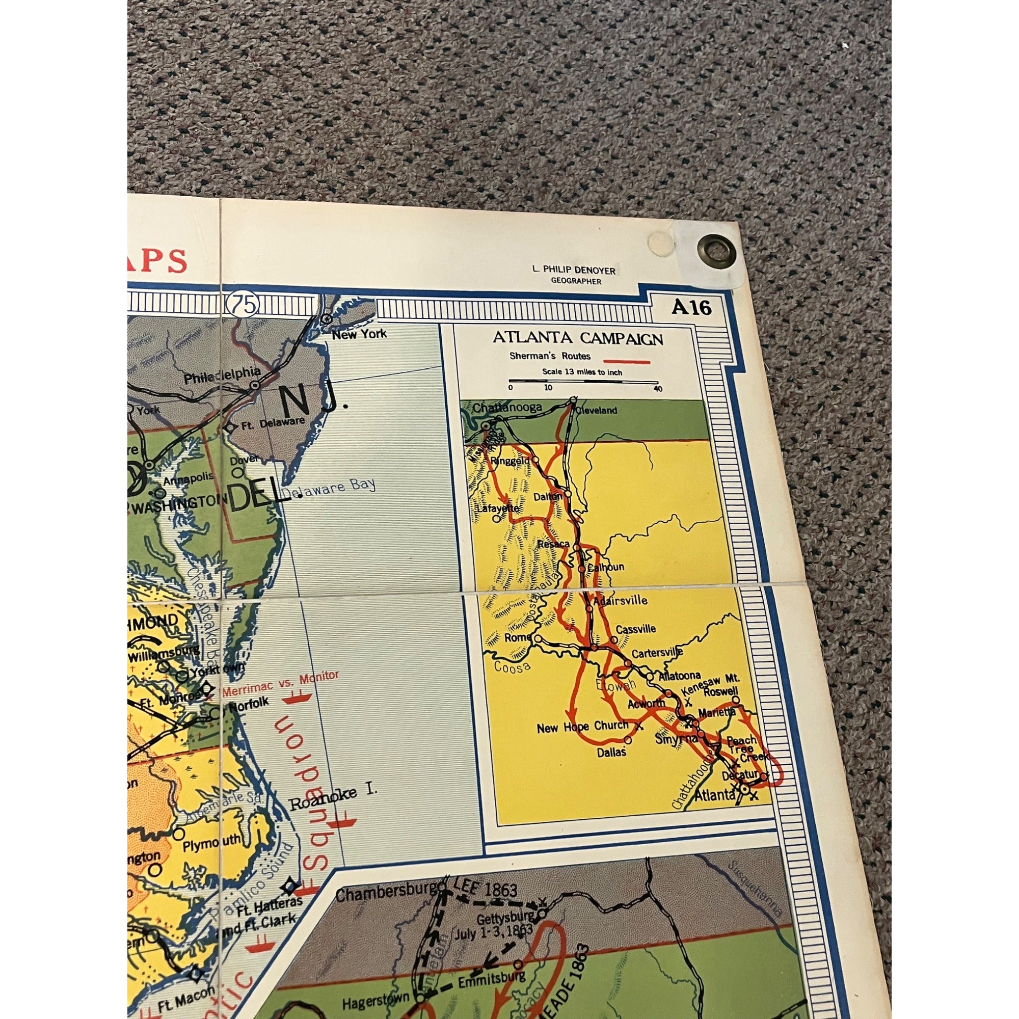 Denoyer Geppert Social Science Maps A16 The Civil War Virginia Vicksburg Fold-Out