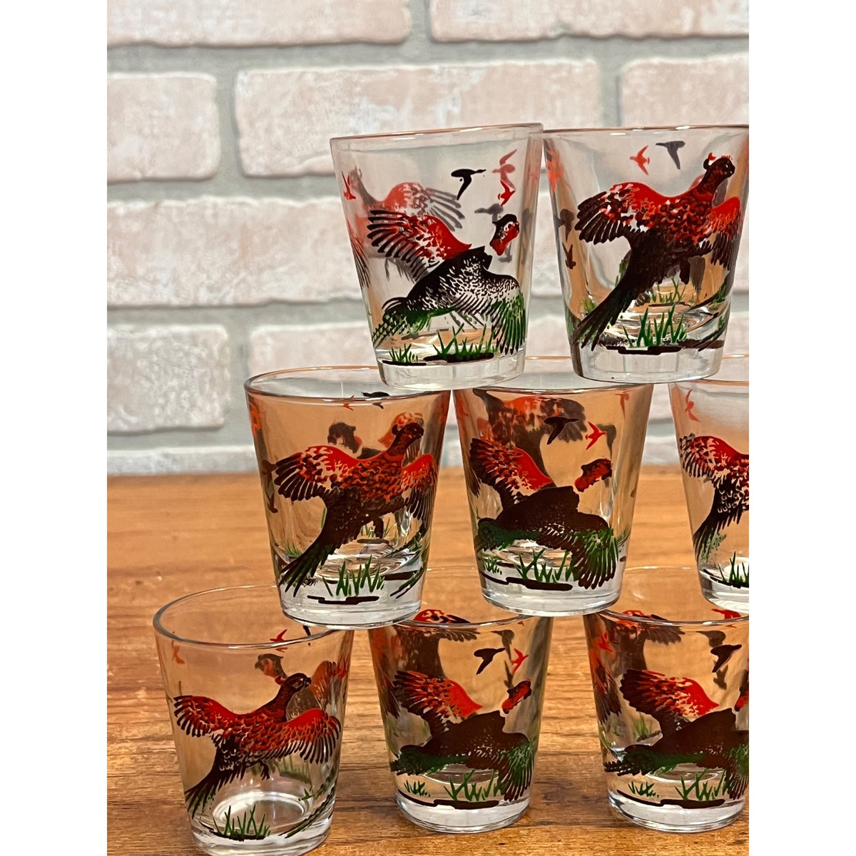 Vintage Lot of Nine (9) Hazel Atlas Pheasant Shot Glasses Circa 1950