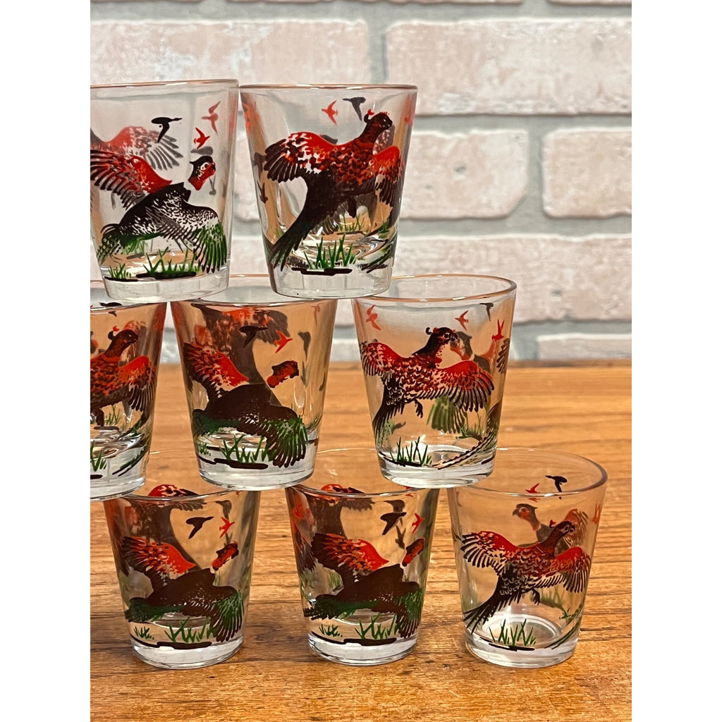 Vintage Lot of Nine (9) Hazel Atlas Pheasant Shot Glasses Circa 1950