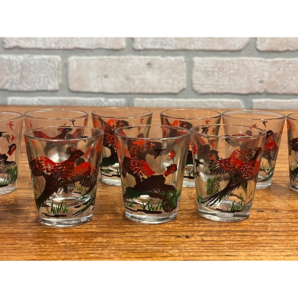 Vintage Lot of Nine (9) Hazel Atlas Pheasant Shot Glasses Circa 1950