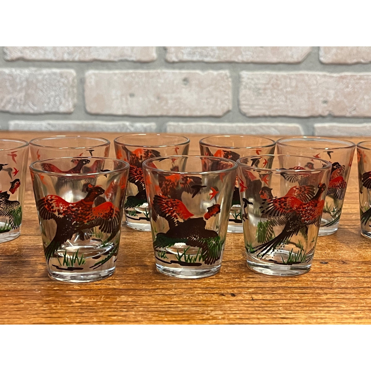 Vintage Lot of Nine (9) Hazel Atlas Pheasant Shot Glasses Circa 1950