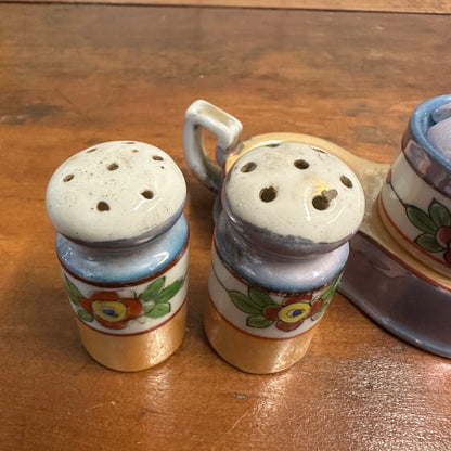 Vintage 1930s Takito Japan Lusterware Salt & Pepper & Mustard Set Floral
