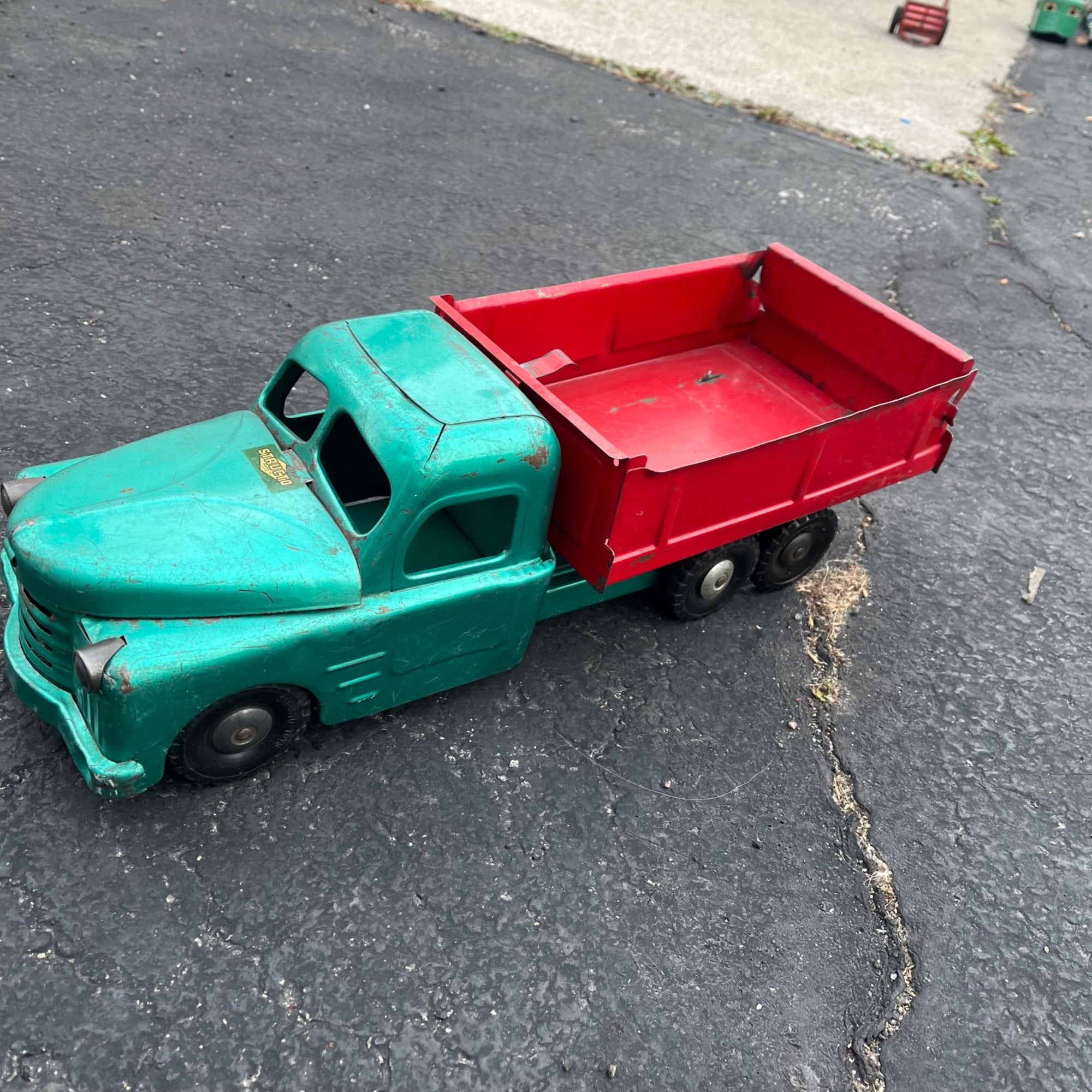 Vintage Structo Green & Red Dump Truck 19.5" Pressed Steel Toy