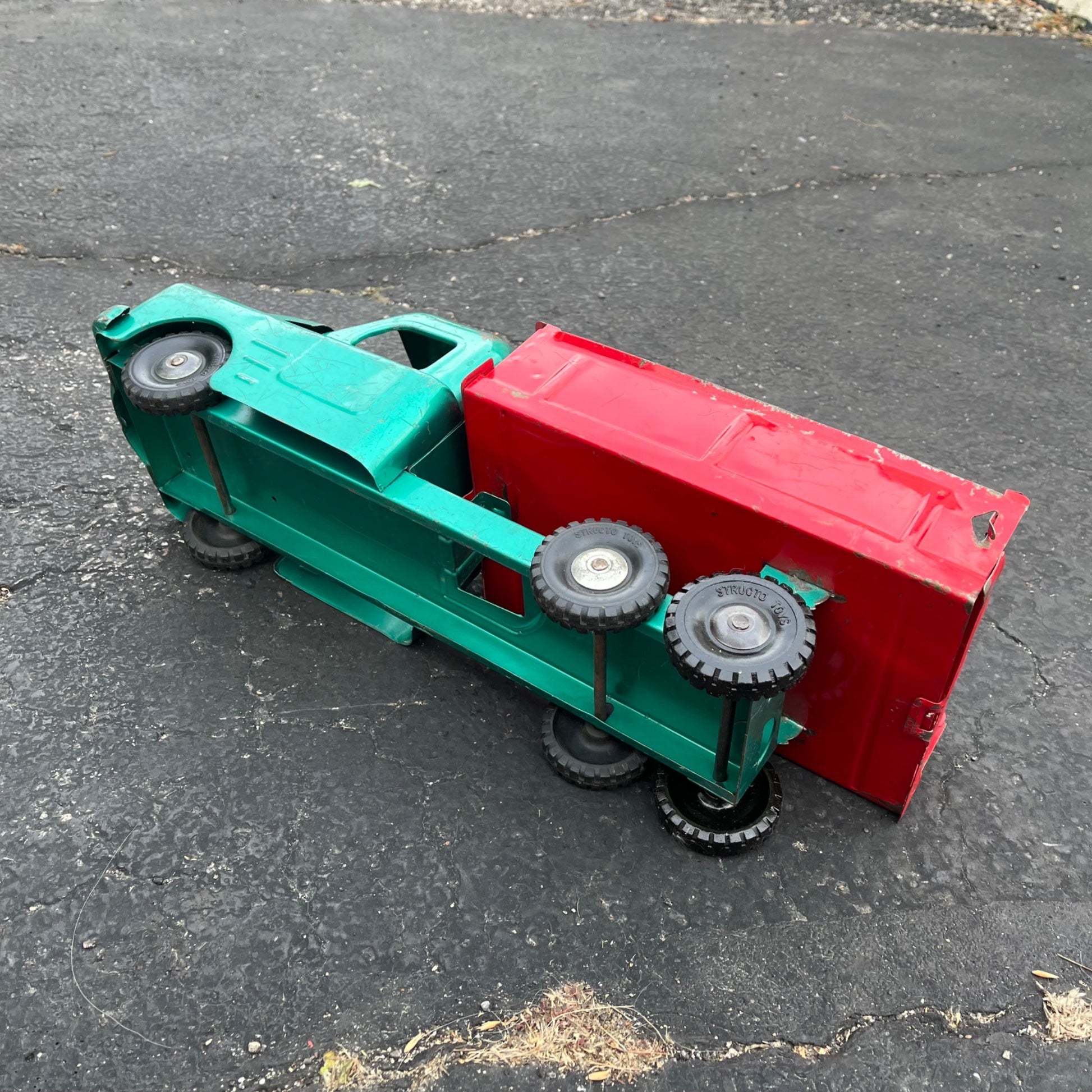Vintage Structo Green & Red Dump Truck 19.5" Pressed Steel Toy
