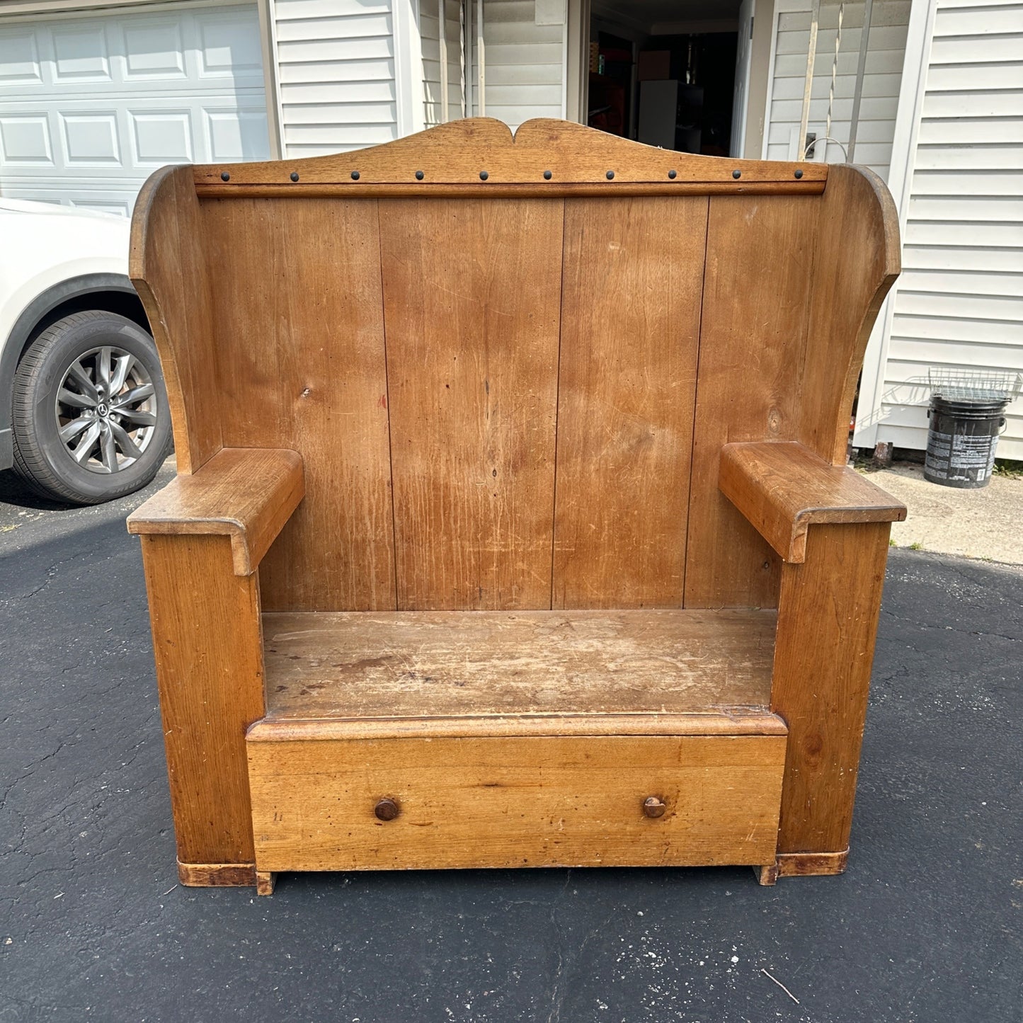 Antique Primitive Wooden Tall-Back Bench Seat Handmade