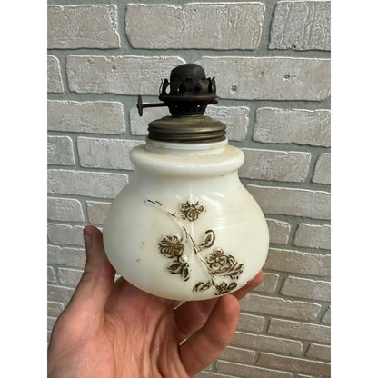 Antique 19th Century Milk Glass Embossed Floral Basket OIl Lamp 5.5"