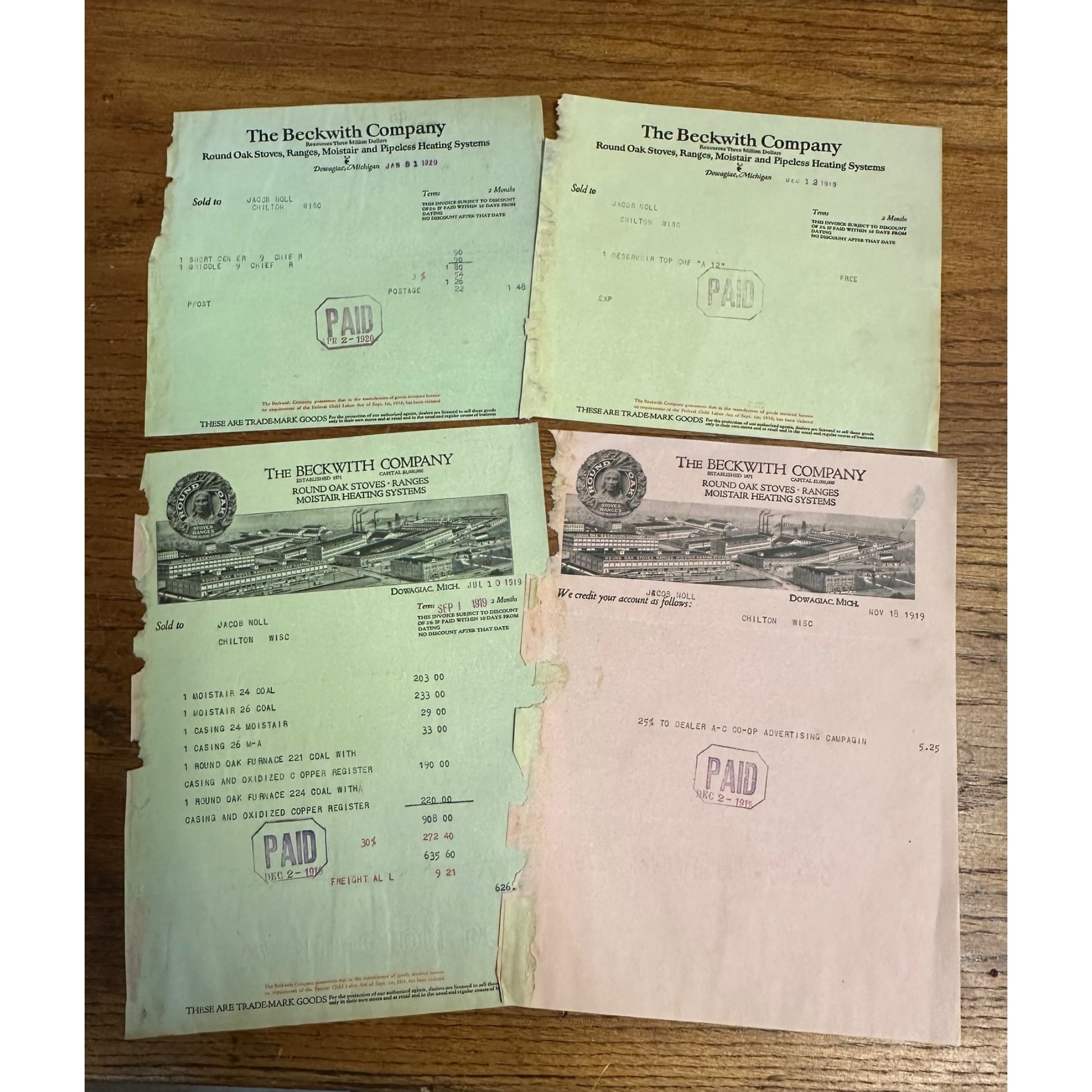 Beckwith Company Dowagiac Michigan ROund Oak Stove Letterhead Invoices