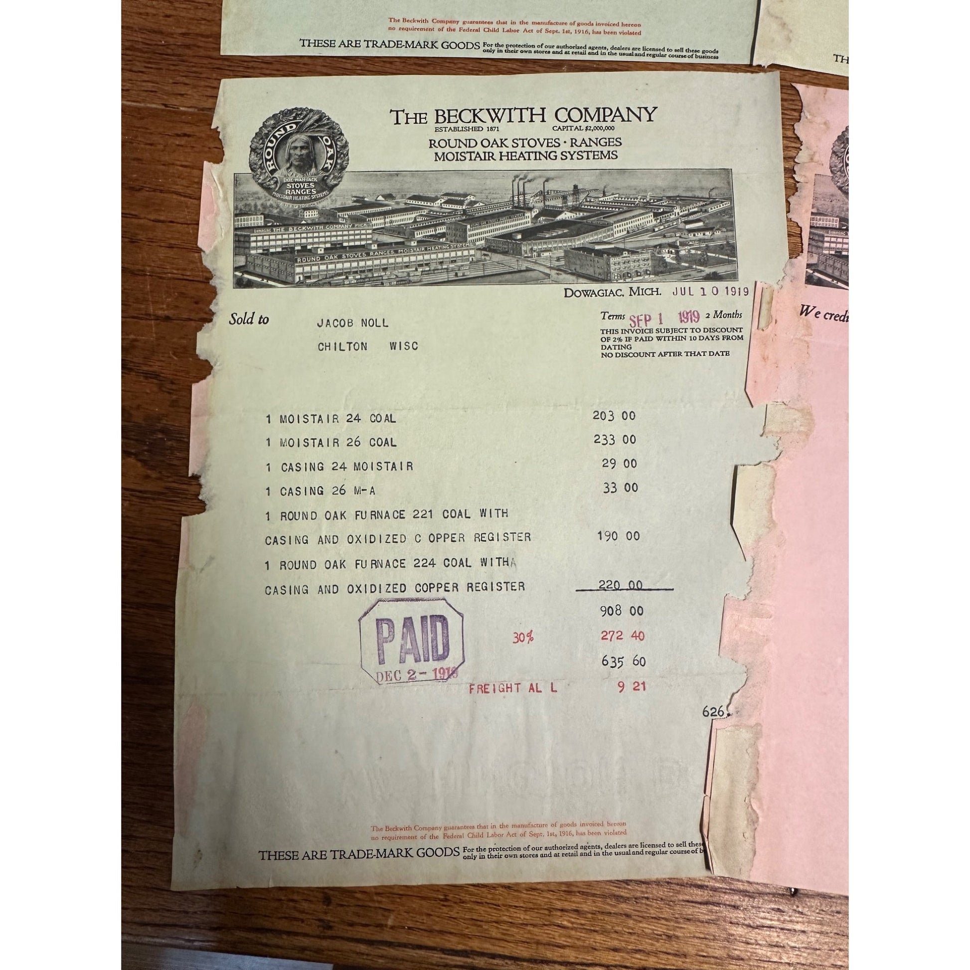 Beckwith Company Dowagiac Michigan ROund Oak Stove Letterhead Invoices