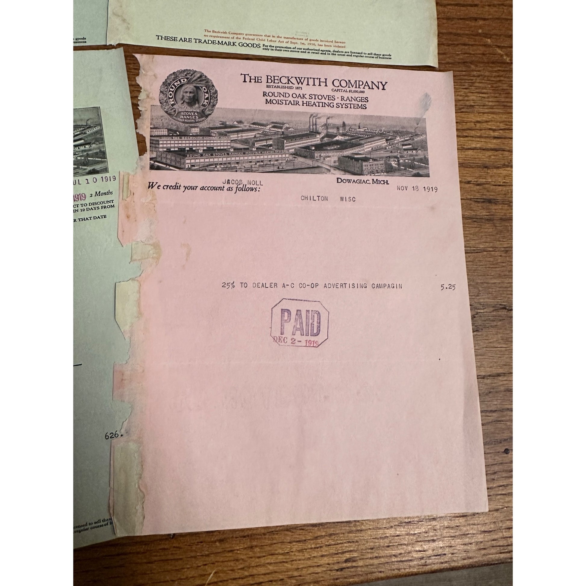 Beckwith Company Dowagiac Michigan ROund Oak Stove Letterhead Invoices