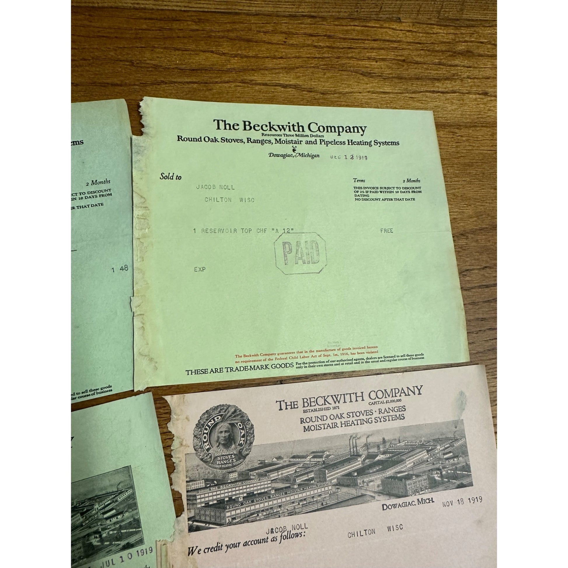 Beckwith Company Dowagiac Michigan ROund Oak Stove Letterhead Invoices