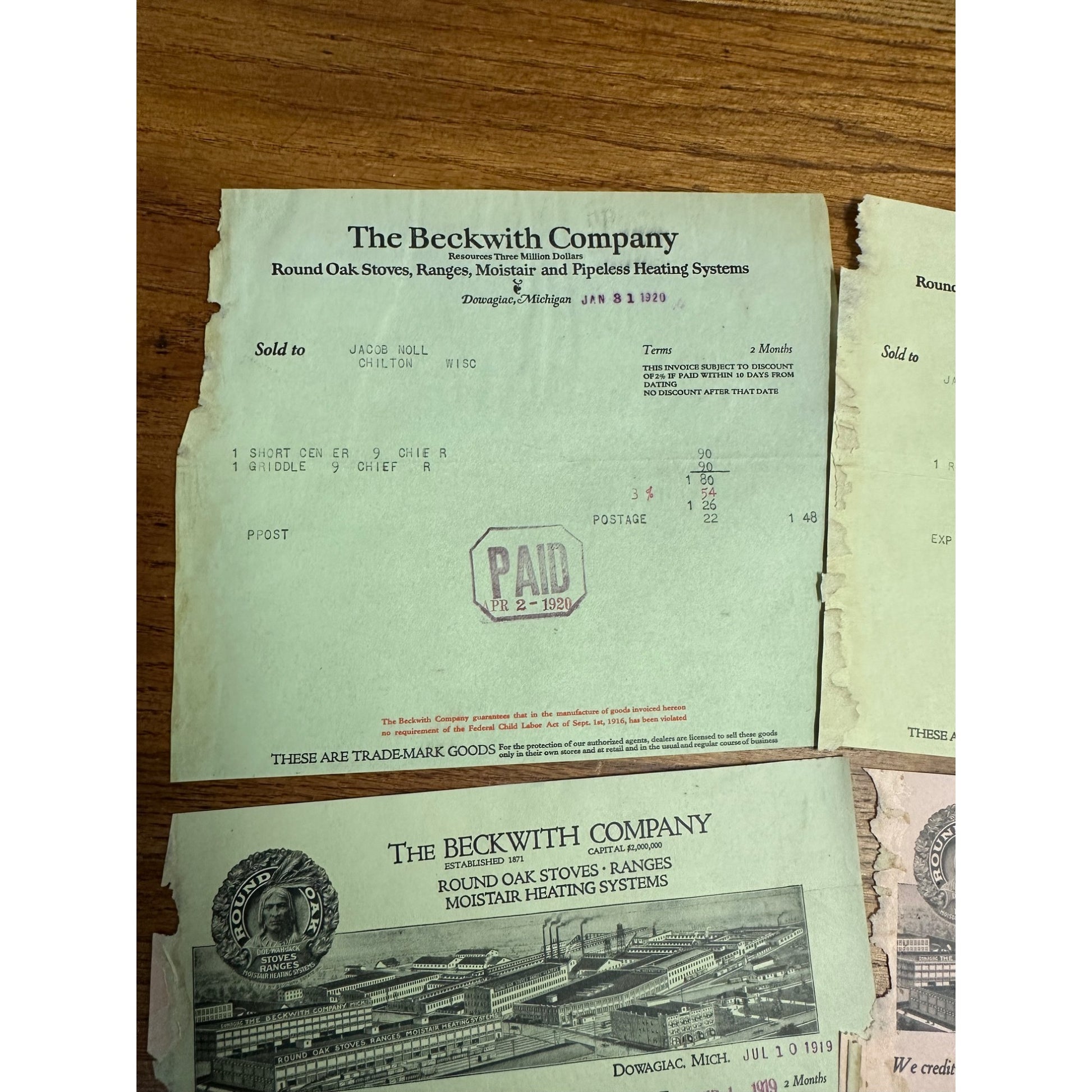 Beckwith Company Dowagiac Michigan ROund Oak Stove Letterhead Invoices