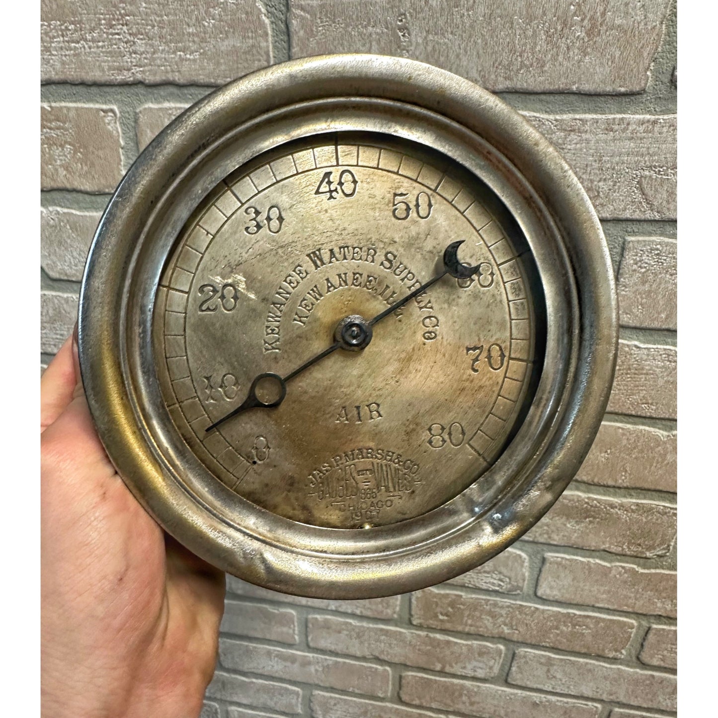 Antique Kewanee Water Supply Co. Wis Jas. P. Marsh Industrial Air Gauge Nickel Plated