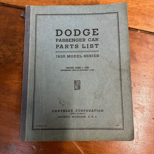 Vintage Dodge Passenger Car Parts List Book - 1935 Models - Chrysler Corp