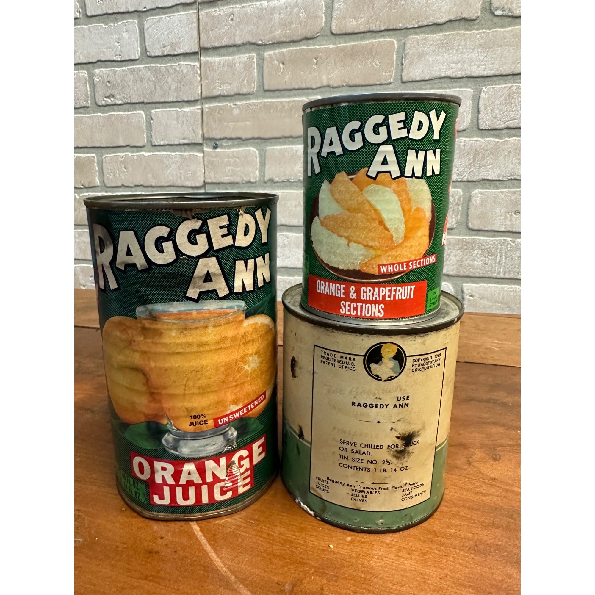 Vintage 1930s Raggedy Ann Tin Paper Label Cans Orange Juice, Pineapple, Grapefruit