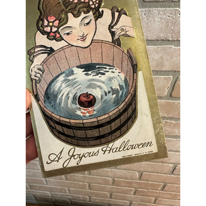 Vintage Halloween Postcard - Girl Bobbing for Apple Joyous Gold Trim - TR Co.