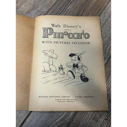 VINTAGE WALT DISNEY PINOCCHIO BOOK PICTURES TO COLOR WHITMAN 1939 / COCOMALT AD