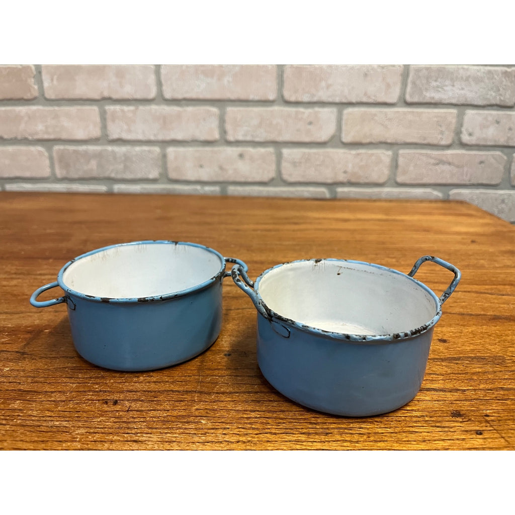 Antique Primitive Light Blue Enamel Graniteware Handled Small Pots / Set of Two / Farmhouse Decor / Children's Size