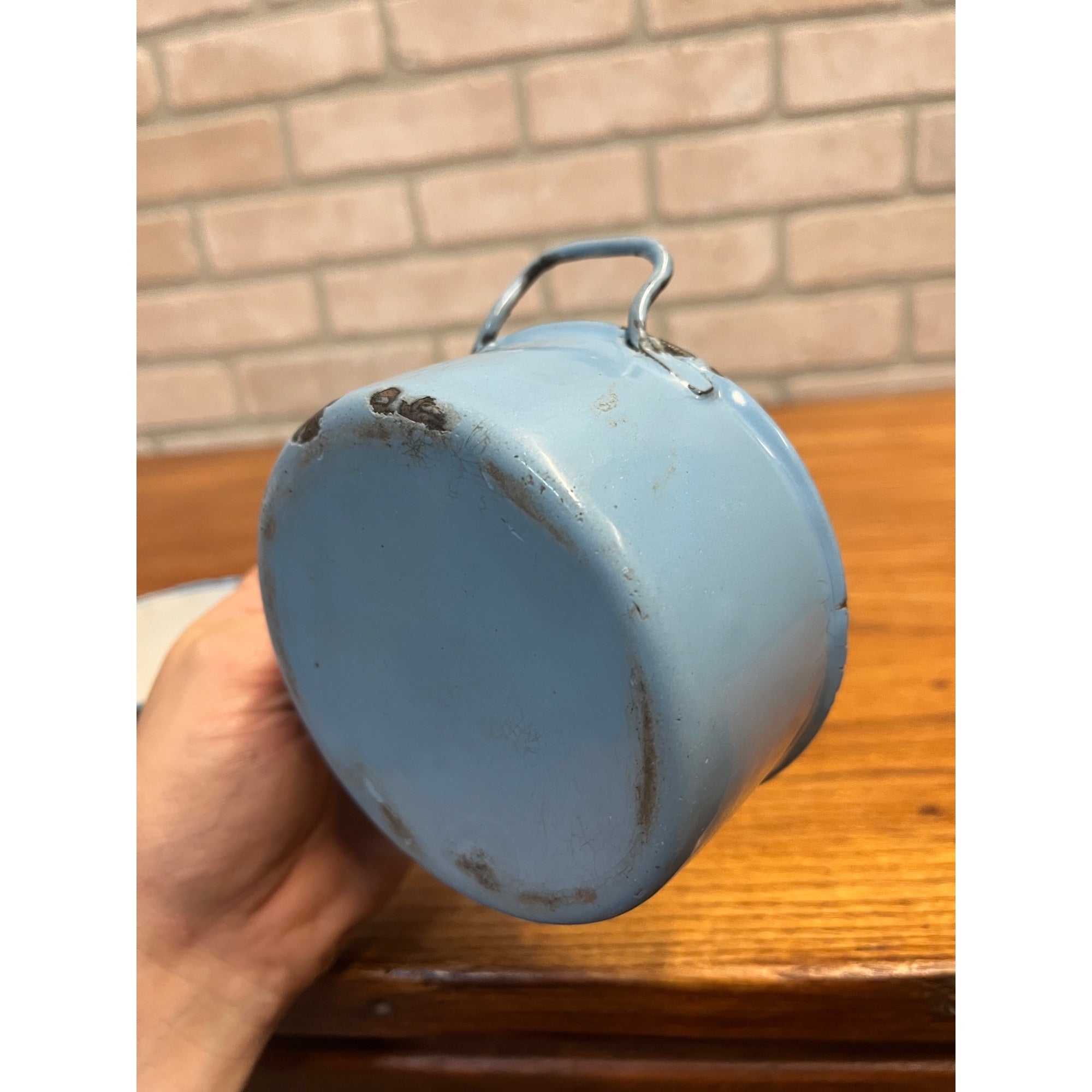 Antique Primitive Light Blue Enamel Graniteware Handled Small Pots / Set of Two / Farmhouse Decor / Children's Size